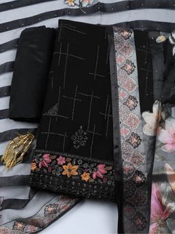 MEENA BAZAAR - Embroidered Sequence Black Georgette Unstitched Kurta with Pant and Dupatta