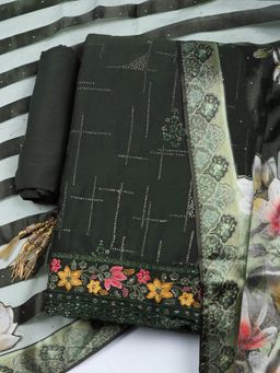 MEENA BAZAAR - Embroidered Sequence Green Georgette Unstitched Kurta with Pant and Dupatta