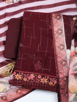 MEENA BAZAAR - Embroidered Sequence Maroon Georgette Unstitched Kurta with Pant and Dupatta