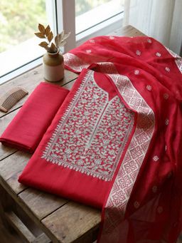 MEENA BAZAAR - Embroidered Red Cotton Unstitched Kurta with Pant and Dupatta