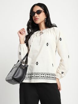 R&B - Off White Embroidery Regular Women Top