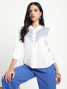 R&B - White Embroidered Regular Women Top