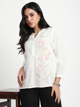 R&B - Off White Floral Regular Women Top