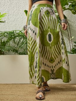 InWeave - Olive Ikkat Print A Line Skirt