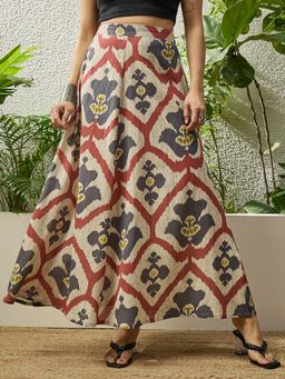 InWeave - Beige Ikkat Print A Line Skirt