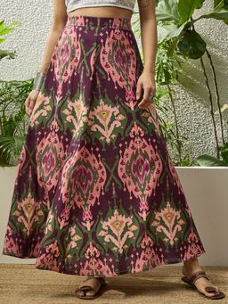 InWeave - Wine Big Ikkat Print A Line Skirt