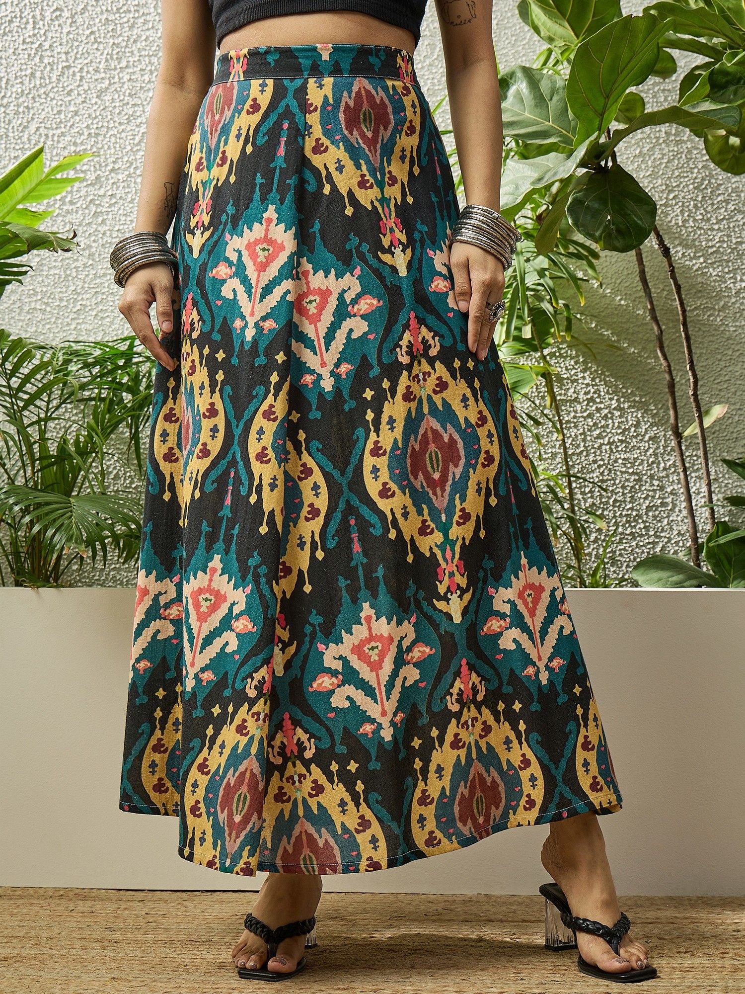 inweave Black Big Ikkat Print A Line Skirt-picture-28