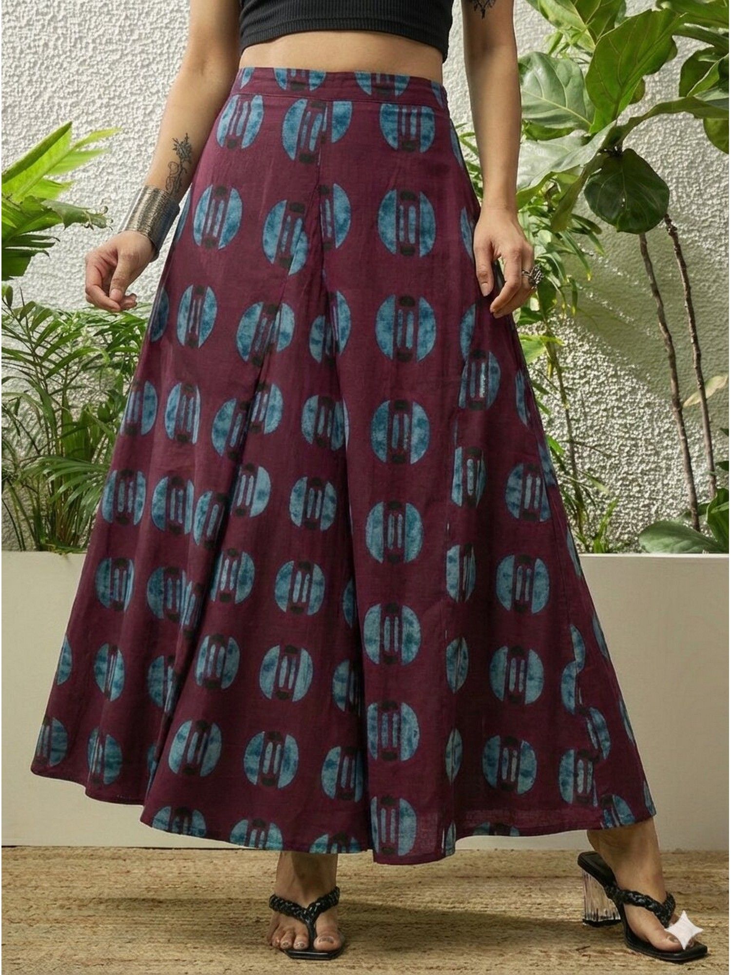 Wine Geometric Motif Print A-Line Skirt-image-40