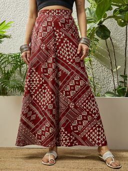 InWeave - Maroon Tribal Printed A-Line Skirt