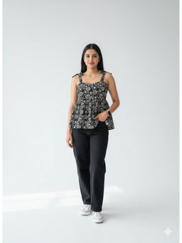 MAAND - Black Cotton Floral Printed Top