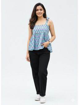 MAAND - Turquoise Cotton Floral Printed Top
