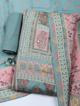 MEENA BAZAAR - Floral Printed Aqua Muslin Unstitched Kurta with Pant and Dupatta