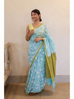 Moora - Women Aqua Cotton Saree with Unstitched Blouse