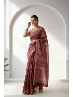 Moora - Women Maroon Cotton Silk Saree with Unstitched Blouse