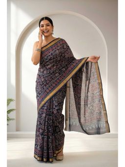 Moora - Women Navy Blue Cotton Silk Saree with Unstitched Blouse
