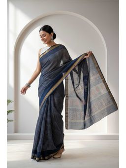 Moora - Women Navy Blue Cotton Silk Saree with Unstitched Blouse