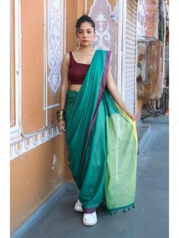 Moora - Women Teal Cotton Saree with Unstitched Blouse