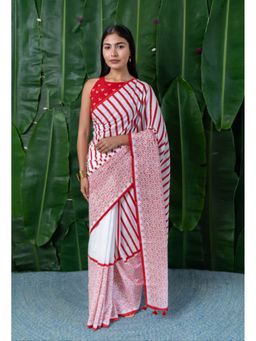 Moora - Women White Cotton Saree with Unstitched Blouse