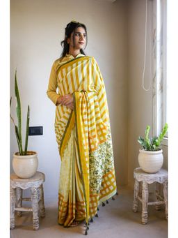 Moora - Women Yellow Cotton Saree with Unstitched Blouse