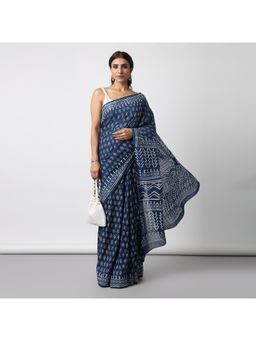 Moora - Women Indigo Cotton Saree with Unstitched Blouse
