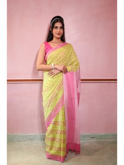 Moora - Women Yellow Cotton Saree with Unstitched Blouse
