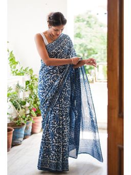 Moora - Women Indigo Cotton Saree with Unstitched Blouse