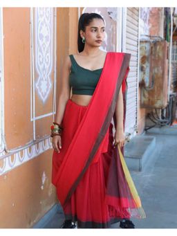 Moora - Women Red Cotton Saree with Unstitched Blouse