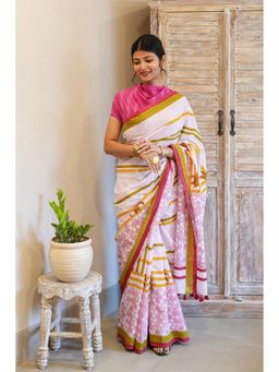 Moora - Women Pink Cotton Saree with Unstitched Blouse