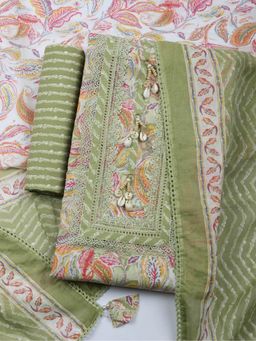MEENA BAZAAR - Embroidered Lace Work Green Cotton Unstitched Kurta with Pant and Dupatta