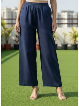 Vbuyz - Blue Solid Cotton Flex Wide Leg Elasticated Pants