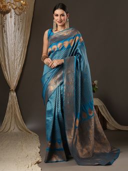 Akhilam - Womens Silk Blend Blue Woven Design Designer Saree with Unstitched Blouse
