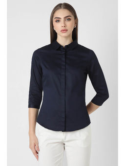 Van Heusen - Women Navy Solid Three Fourth Sleeves Formal Shirt