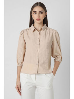 Van Heusen - Women Beige Textured Three Fourth Sleeves Casual Shirt