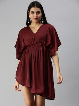 SHOWOFF - Women Maroon Solid V-Neck A-Line Dress