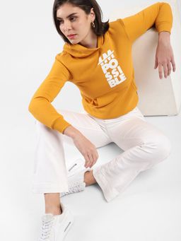 Campus Sutra - Women Mustard Printed Regular Fit Sweatshirt with Hooded Neck for Winterwear