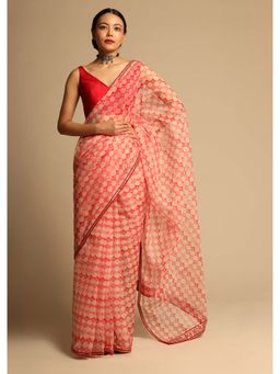 KALKI FASHION - Beige Saree in Organza Jaal Print and Gotta Embroidered with Unstitched Blouse