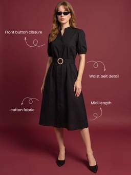 ZUMMER - Women Black Cotton Dress with Belt