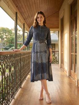 ZUMMER - Women Navy Blue Viscose Rayon Dress with Belt