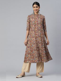 Vbuyz - Women Floral Print A-line Rayon Beige Stitched Kurta