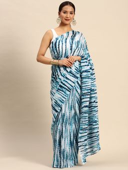 Tikhi Imli - Blue and White Polyester Georgette Pleated Saree with Heavy with Unstitched Blouse