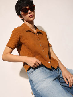 ONLY - Brown Self Design Shirt