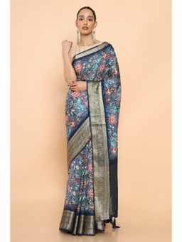 Soch - Women Blue Silk Floral Saree with Unstitched Blouse