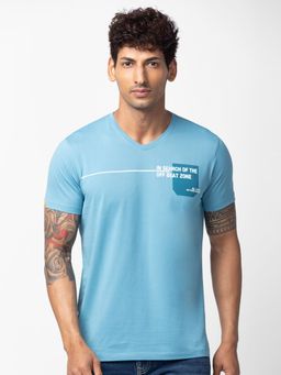 Spykar - Blue V Neck Half Sleeves Blended T-Shirt For Men