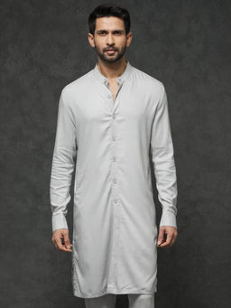 Rare Rabbit - Men's Lasmos Light Grey Mandarin Collar Full Sleeve Solid Kurta