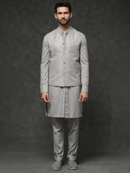 Rare Rabbit - Men's Grey Embroidered Kurta with Pyjama and Jacket