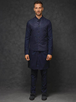 Rare Rabbit - Men's Navy Blue Embroidered Kurta with Pyjama and Jacket
