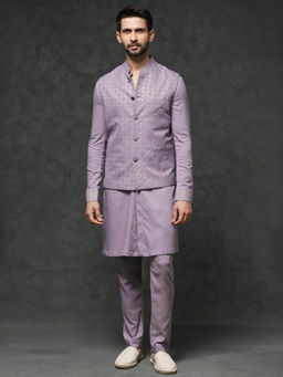 Rare Rabbit - Men's Lavender Embroidered Kurta with Pyjama and Jacket