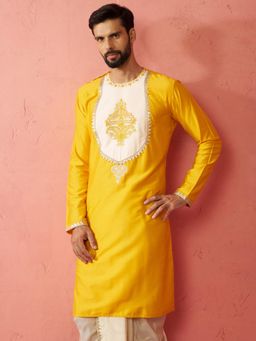 Vastramay - Men Yellow Viscose Embroidered Sequined Work Kurta