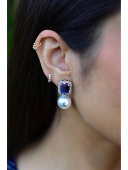 SWABHIMANN - Alicia Pearl Drop Sapphire Silver Plated Zirconia Stud Earrings