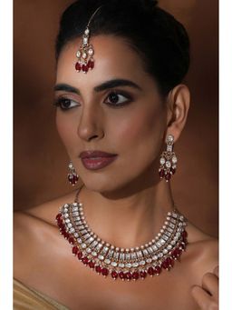 SWABHIMANN - Lopa Red Rose Gold Polki Necklace Set with Maang Tikka